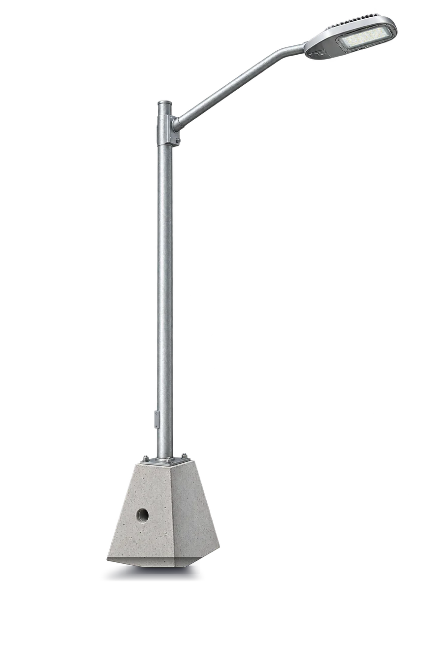 Poste de acero galvanizado Trapole con brazo, luminaria LED y base de concreto